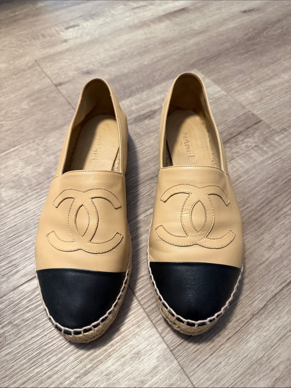 CHANEL Beige Leather Espadrilles with Black Cap Toe
